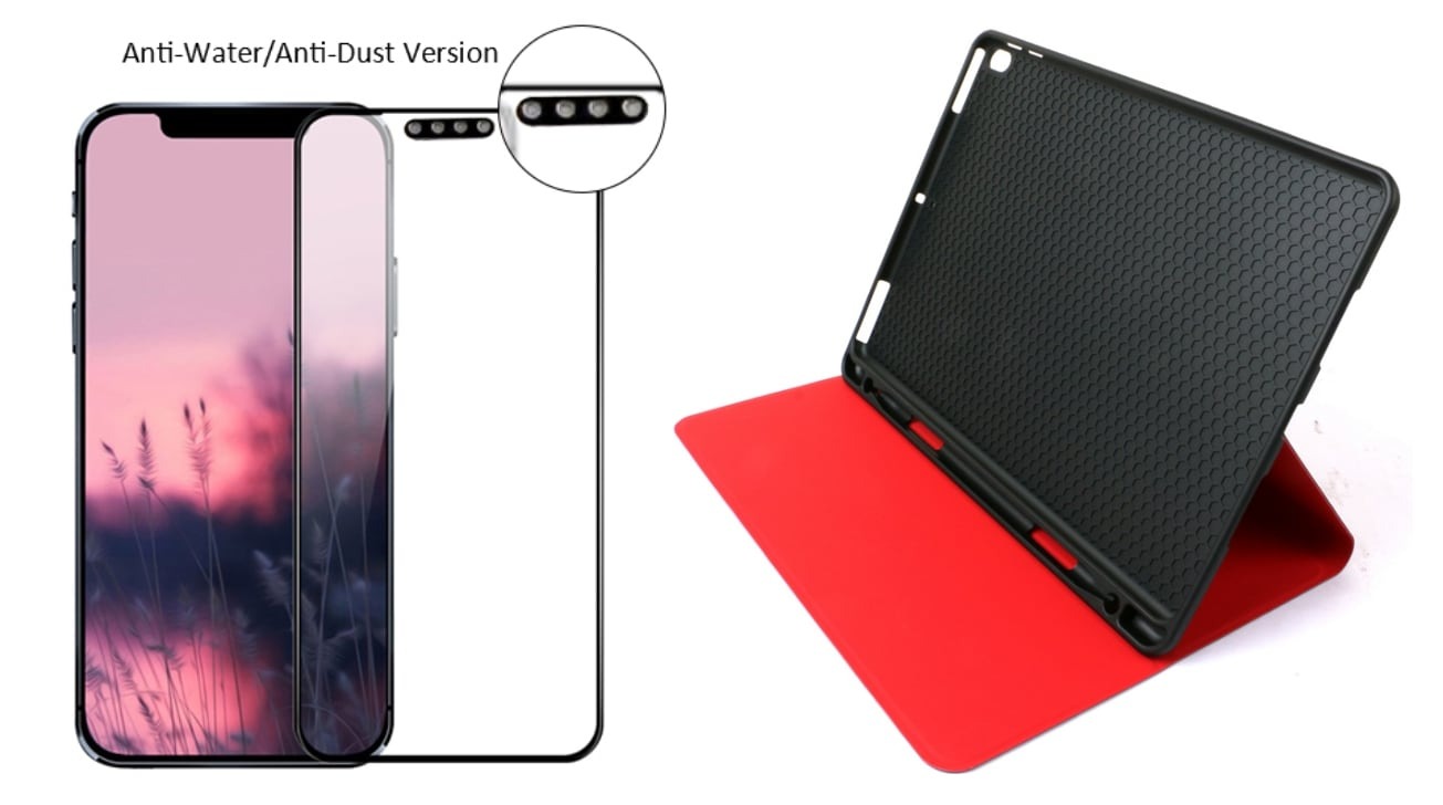 An accessory producer's 'iPhone 12' display protector and '10.8-inch' iPad case
