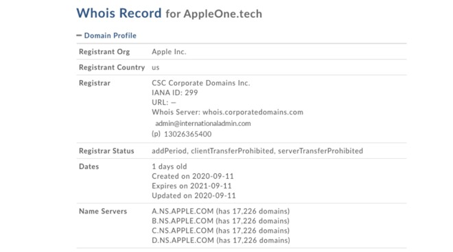 Domain registration details for AppleOne.tech