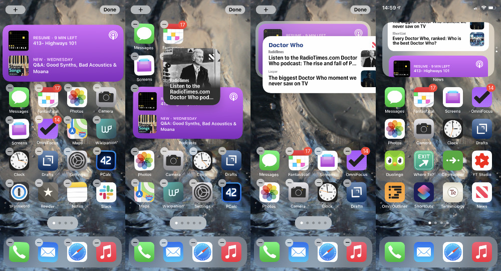 L-R: Edit the home screen. You can't drag two different-shaped widgets on top of each other. You can, though, then swipe between them when they're stacked