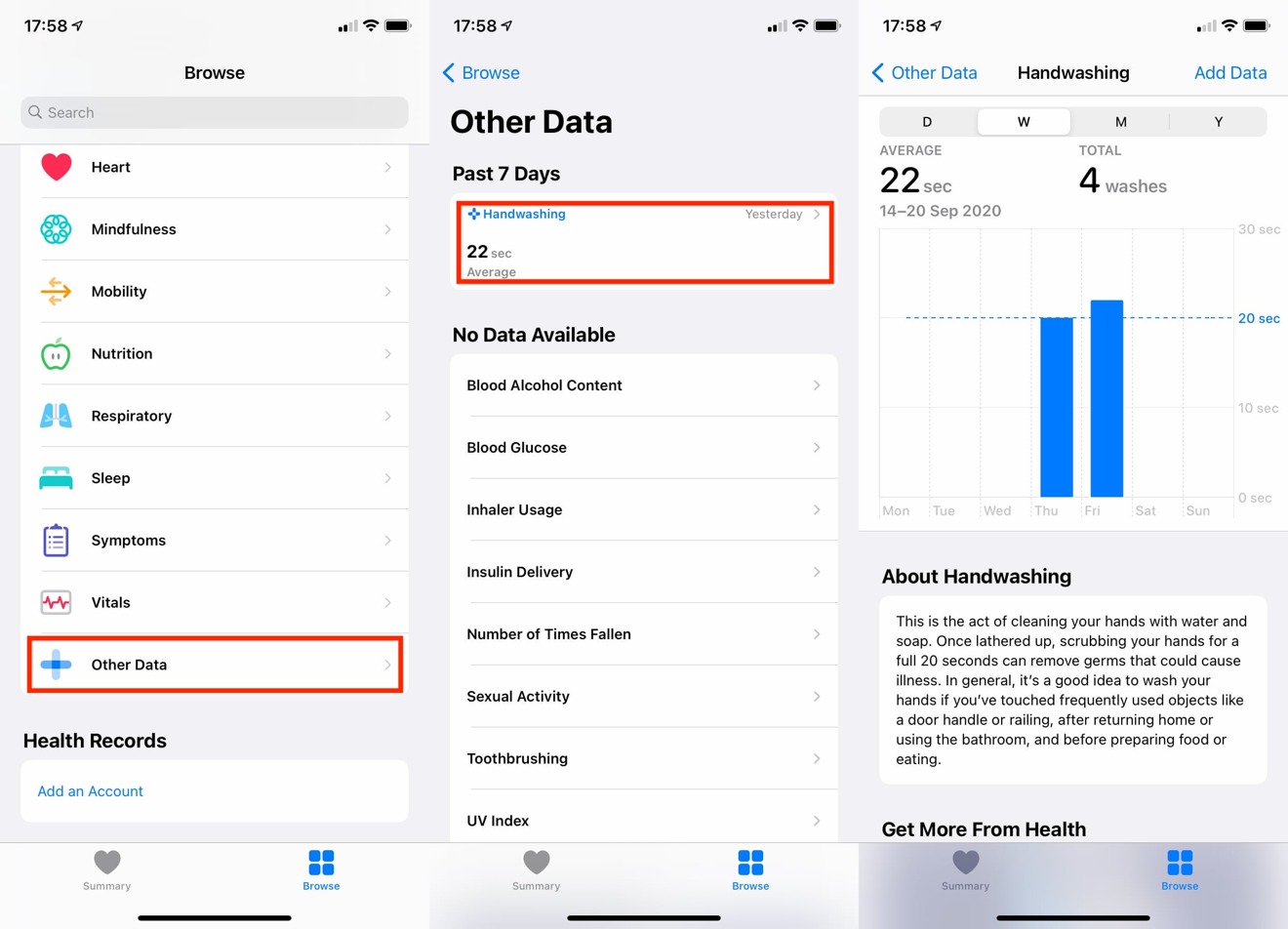 The Health app keeps track of how often and how long you wash your hands for. 