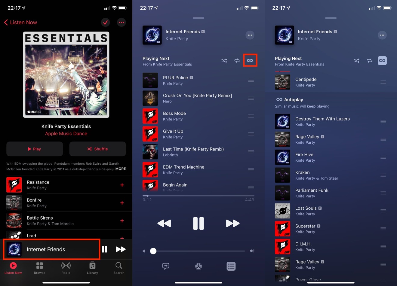 The infinity symbol on the playlist view enables Autoplay. 