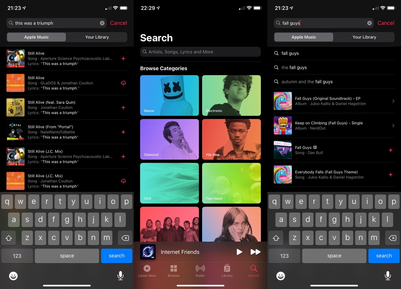 Search by song, artist, lyric, or browse by general mood in Apple Music.