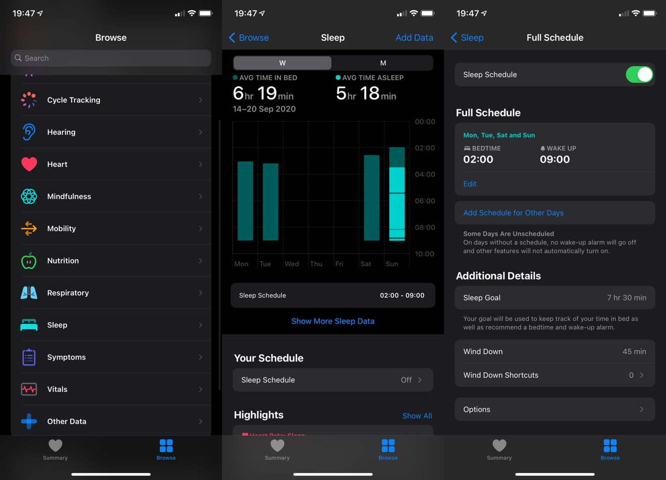 It is relatively simple to enable the Sleep Schedule in the Health app in iOS 14