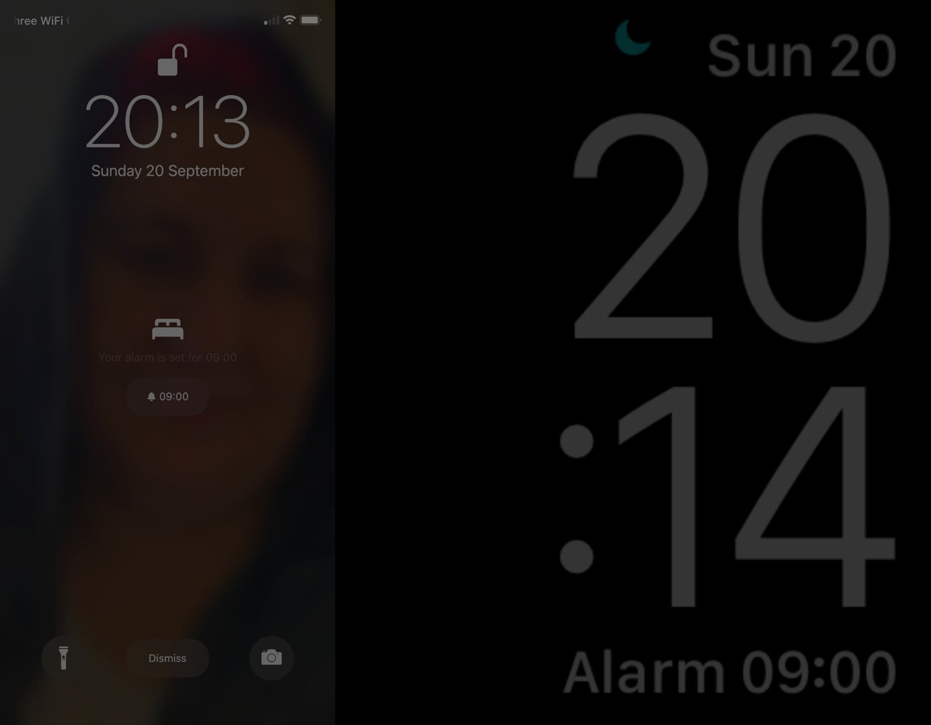 The Lock Screens of iOS 14 and watchOS 7 during Sleep Mode. 