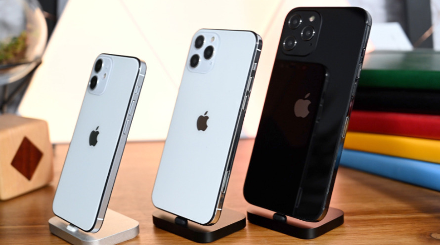 Physical mock-ups of three 'iPhone 12' models
