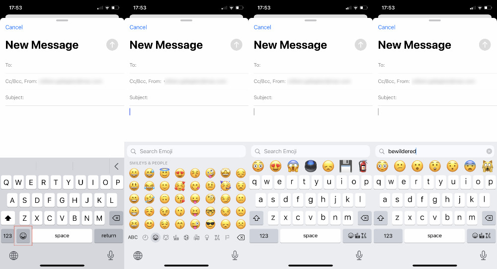 L-R: tap the smiley icon to enter the emoji keyboard. Then tap into the Search Emoji bar and start typing
