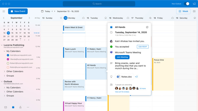 Los eventos del calendario ofrecen amplios detalles, así como formas de unirse a reuniones virtuales.