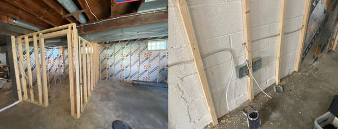 Storage room framed (left) and electrical boxes installed (right)