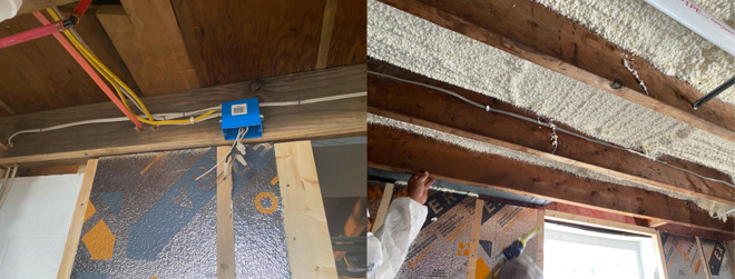 Ceiling eletrical boxes (left) and first round of spray foam insulation on the ceiling (right)