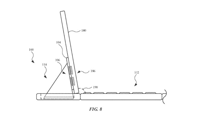 The hinge mechanism holding up an iPad. Credit: Apple/USPTO