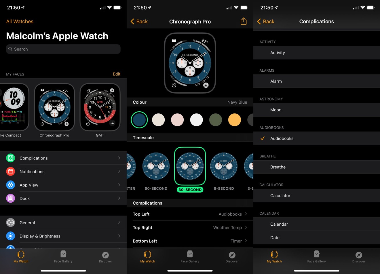 Changing watch face attributes and complications via the iPhone's Watch app.