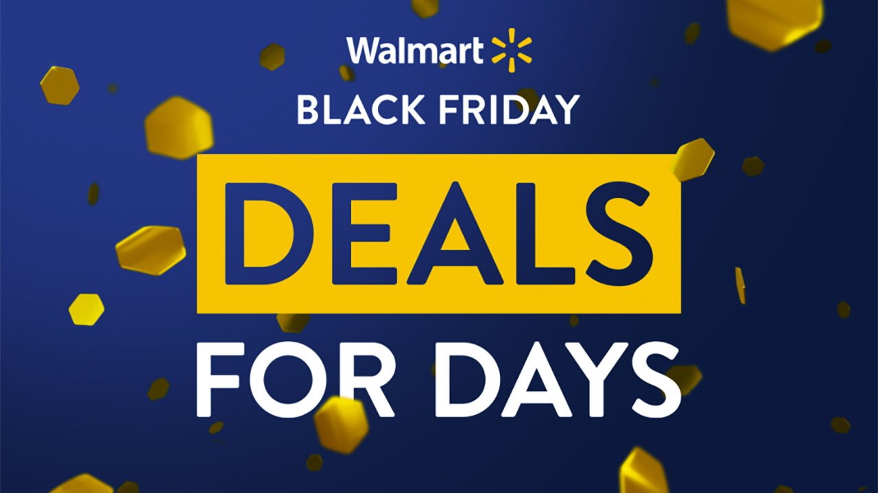 Walmart Black Friday oferă siglă pentru zile pe fundal albastru cu confetti de aur