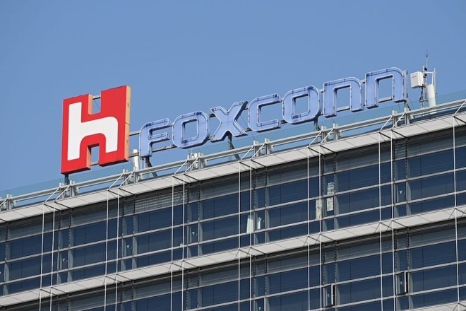 The Foxconn logo on a production facility.