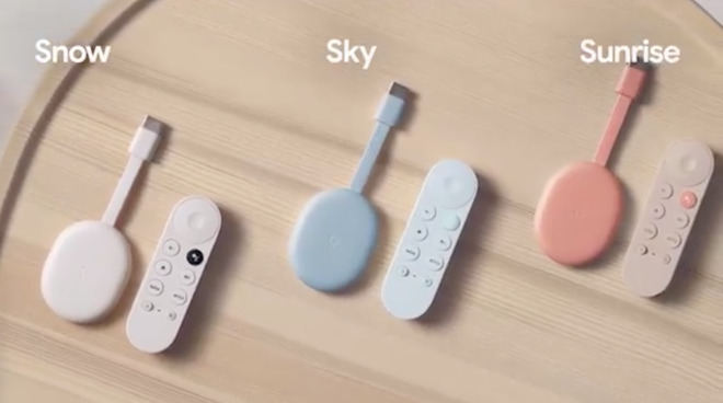 Google TV in three colors with dedicated remotes