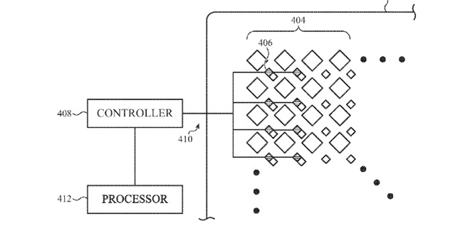 Detail from the patent showing how light sensors might be embedded between the pixels of a display