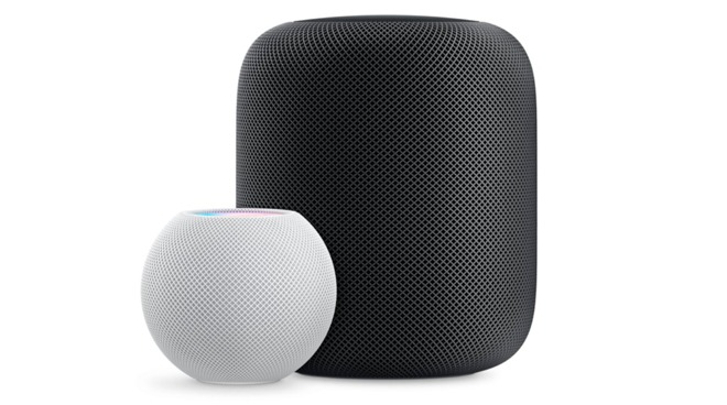 The HomePod mini (left) and the HomePod