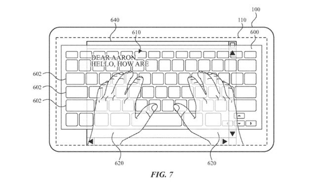 An illustration of the hand transparency effect, which could allow users to better see the keyboard. Credit: Apple