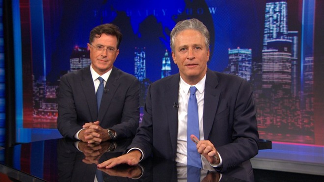 Stephen Colbert (left), with Jon Stewart (right)