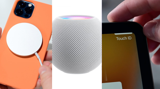 October 2020 L-R: iPhone 12 Pro with Magsafe; HomePod mini; iPad Air with Touch ID