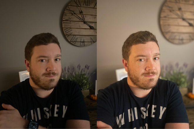 iPhone 12 Pro portrait in low light (left) and night mode portrait in low light (right)
