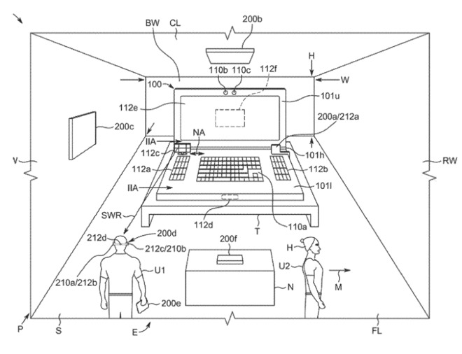 Detail from the patent showing a MacBook Pro sensing its environment. Possibly not to scale.