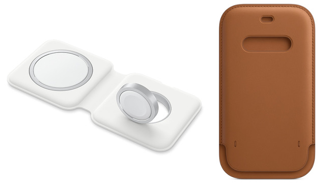 Apple's forthcoming MagSafe Duo Charger (left) and iPhone 12/iPhone 12 Pro Leather Sleeve with MagSafe