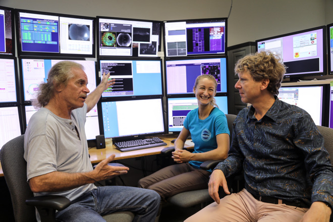 Clive Oppenheimer with Mark Willman and Joanna Bulger at the Pan-STARRS Observatory, Haleakal, Hawaii in