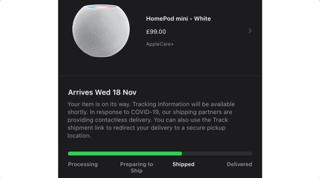 An example of a confirmed HomePod mini shipment in the Apple Store app.
