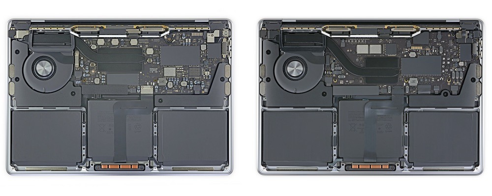 The Intel-based MacBook Pro (left) versus the M1 MacBook Pro (right). Credit: iFixit