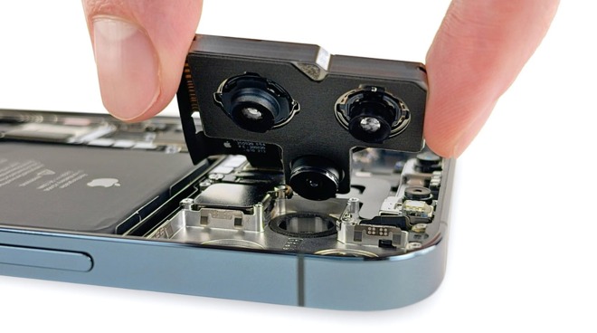 The iPhone 12 Pro Max's camera module, with a larger section for the wide-angle camera [via iFixit]