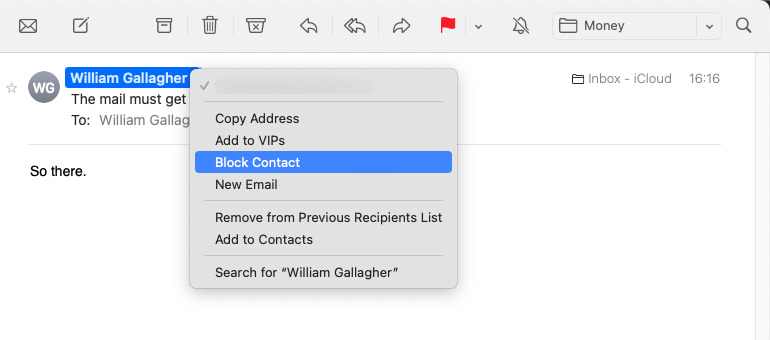 stop email recipent goong to trash in mail for mac