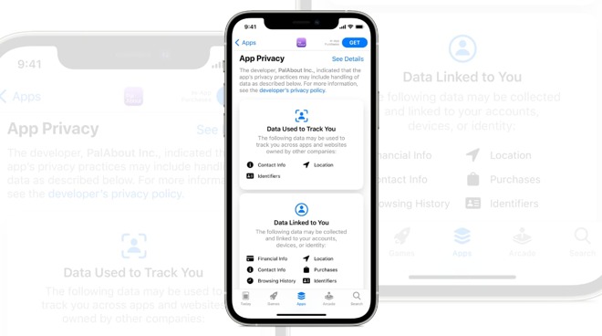 An iPhone showing the new App Privacy section in the App Store.