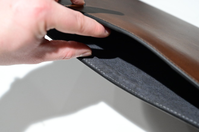 Interior of the Nomad's Horween leather sleeve for MacBook Pro