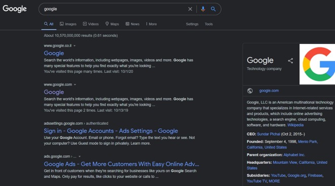 Google's search Dark Mode test in Chrome on Windows [Reddit u/Pixel3aXL]