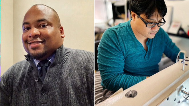 Apple employees Anthony Garrett-Leverett (L) and Joe Cayao, who collaborated to supply 14,000 masks to the Detroit area