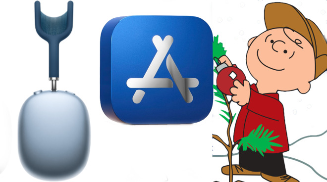 L-R: AirPods Max, App Store trophy, and Charlie Brown