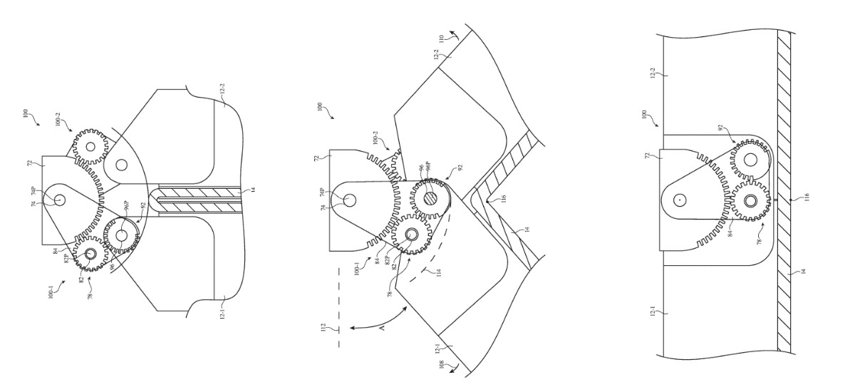 Three separate extracts from the patent drawings show (L-R) a geared hinge moving from folded to unfolded