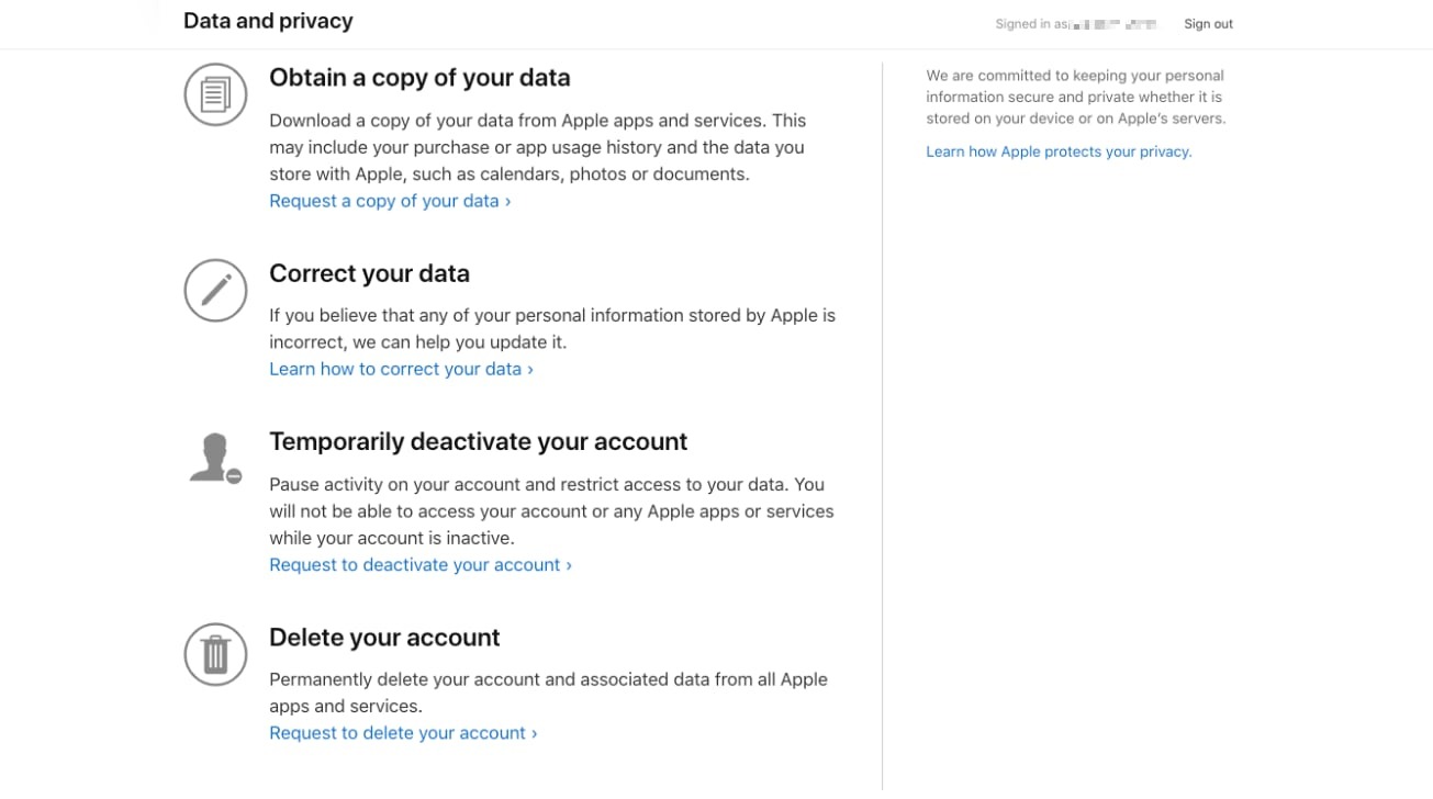 This page offers to delete your account, among other data-related items.