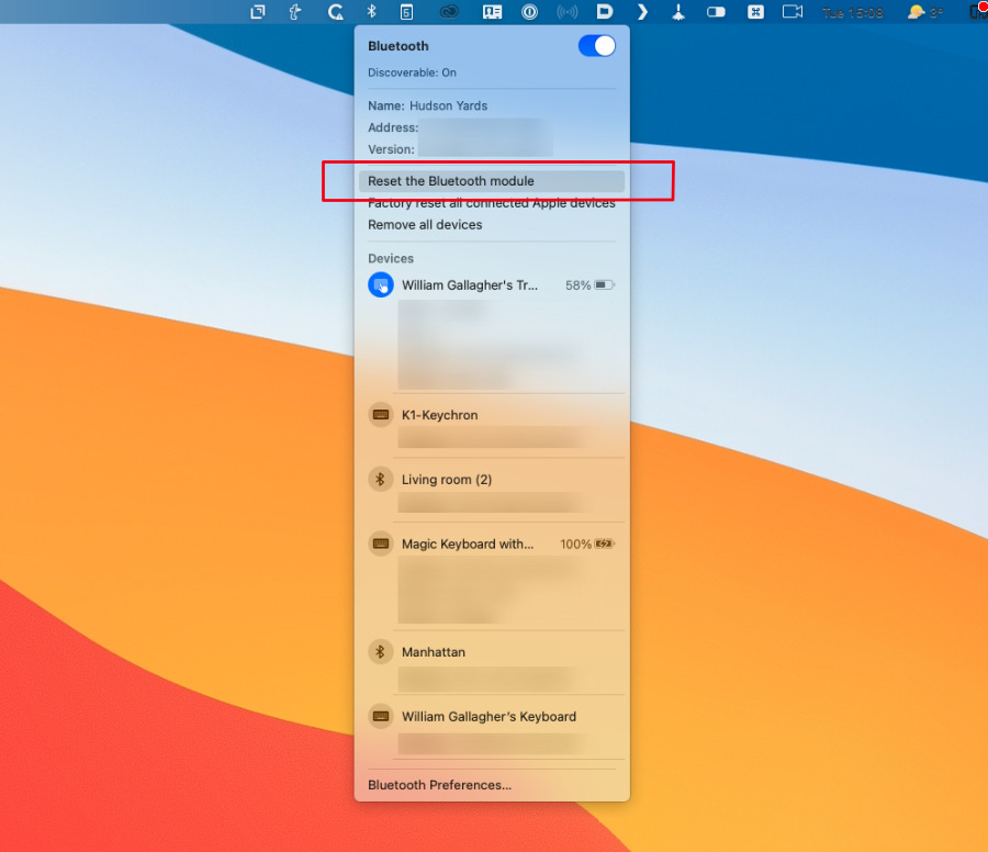 Hold down the Shift and Option keys, then click on the Bluetooth icon in the menubar