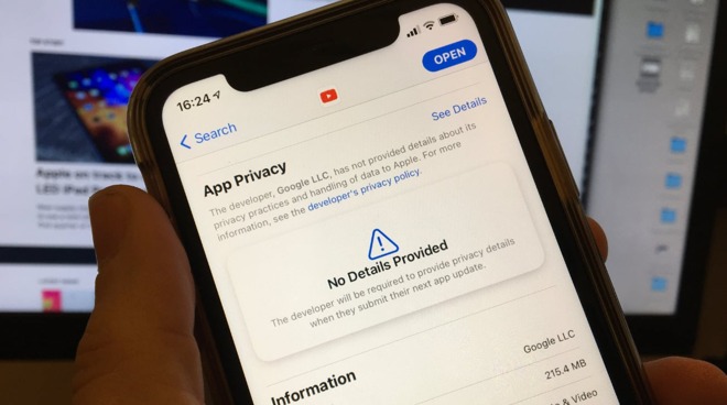 YouTube's App Store listing showing a blank App Privacy section