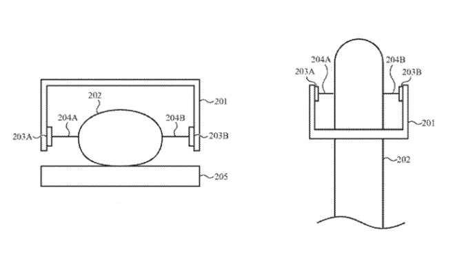 Detail from the patent showing (left) a front and (right) top view of a finger being detected without touch sensors