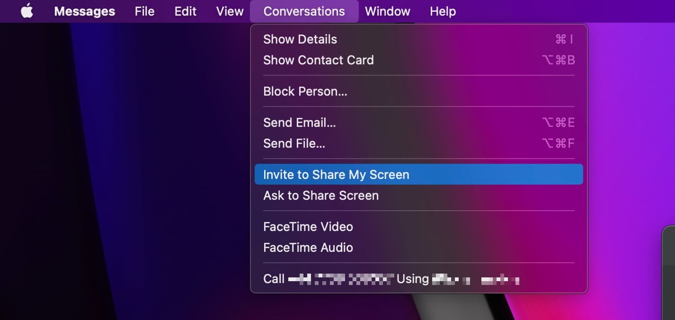 The Messages menu provides an easy way to share your screen. 
