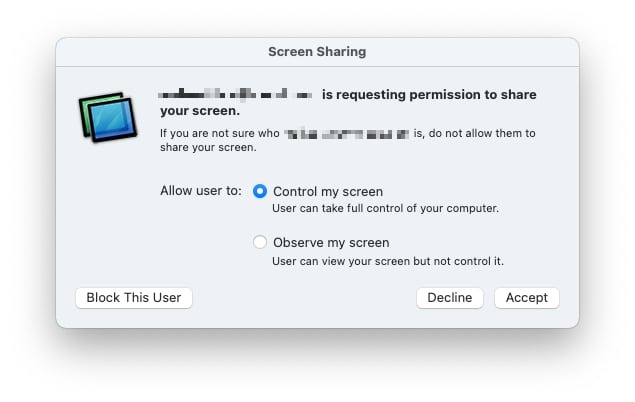 If someone asks you to share your screen, you can allow them control of the desktop, or just the ability to observe. 