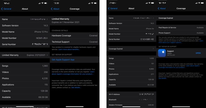  La aplicación Configuración muestra el número de serie de un iPhone y su estado de cobertura de garantía. 