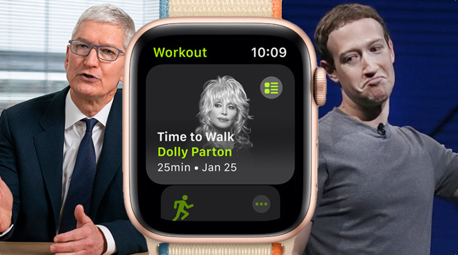 L-R: Tim Cook, Dolly Parton on Apple Watch, Mark Zuckerberg