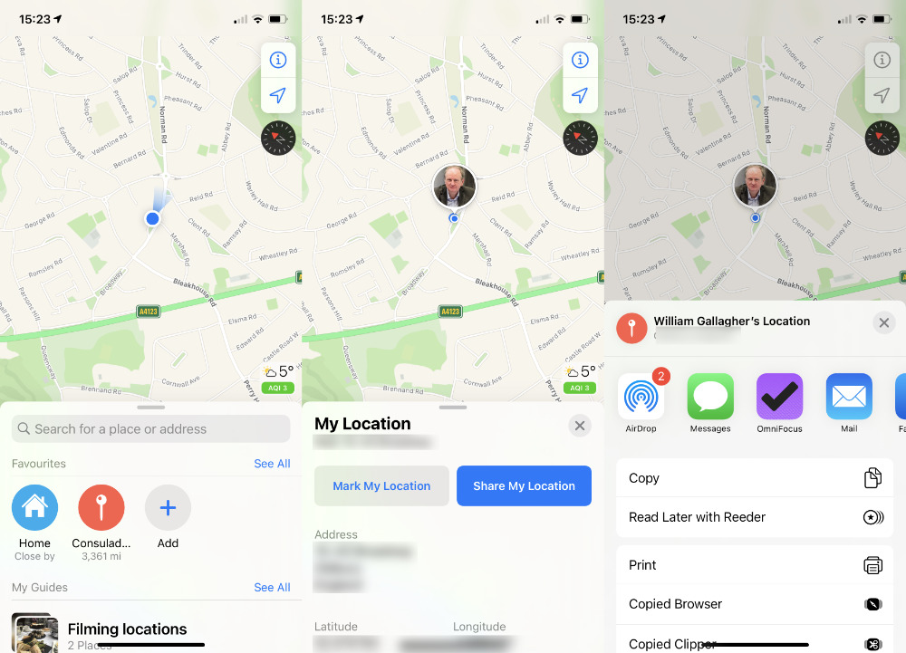 Open Apple Maps, tap on the blue dot representing you, and you can share your current location immediately