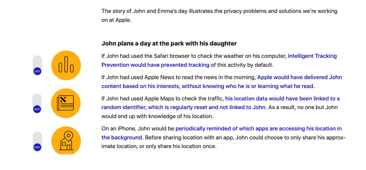 Extract from the report showing some of the ways Apple's privacy features help users