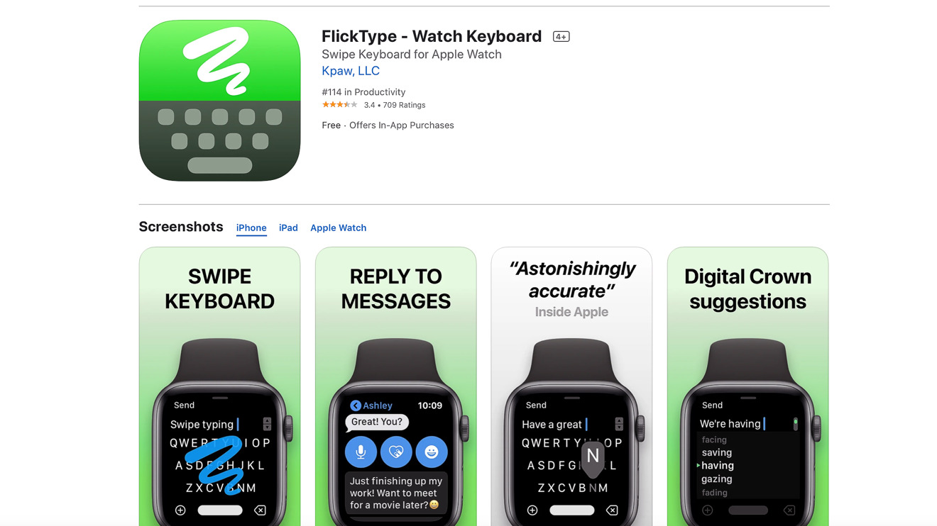 App Store listing for FlickType, the oft-copied indie app that sparked the debate