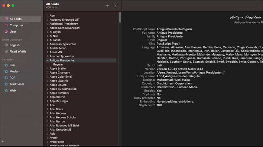 FontBook, showing a Type 1 font entry