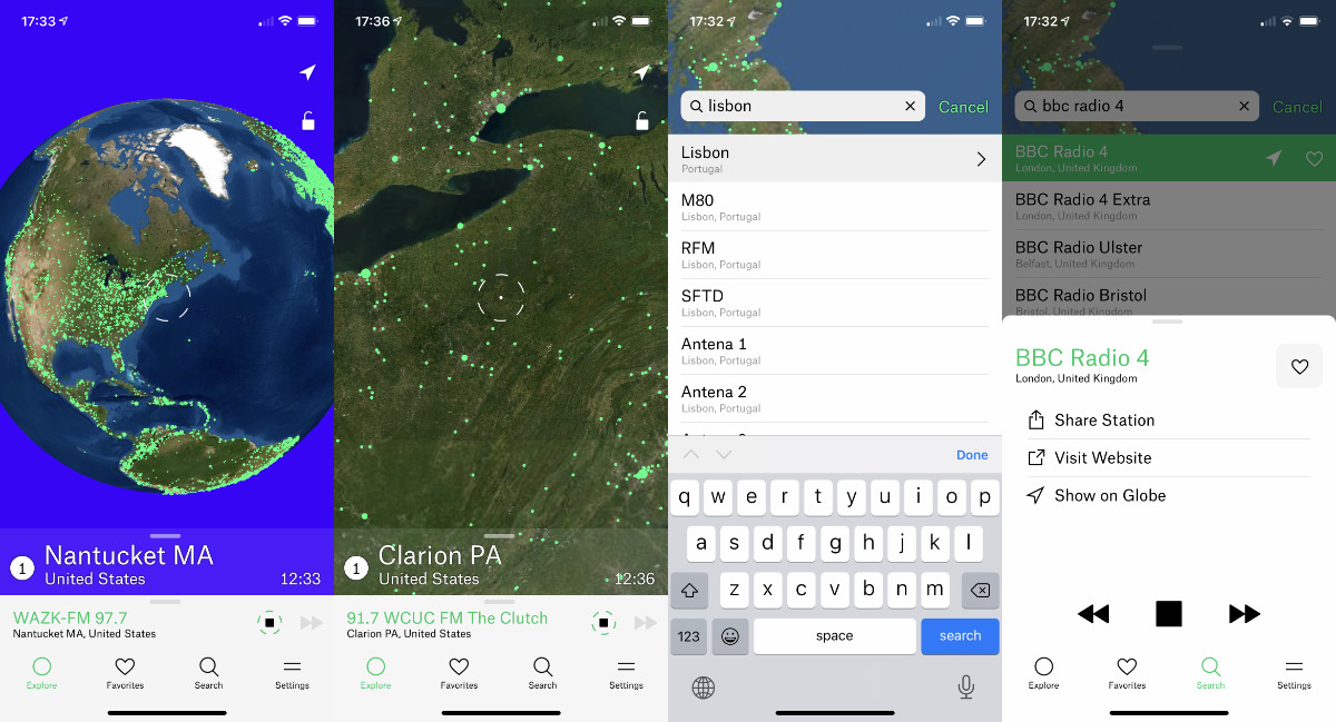 You can swipe around the globe to find stations, to search directly